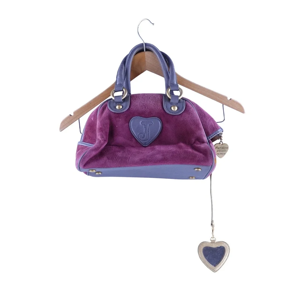 Juicy Couture Velour Bowler Bag Purple Grey Leather Trim Vintage Y2K Crest